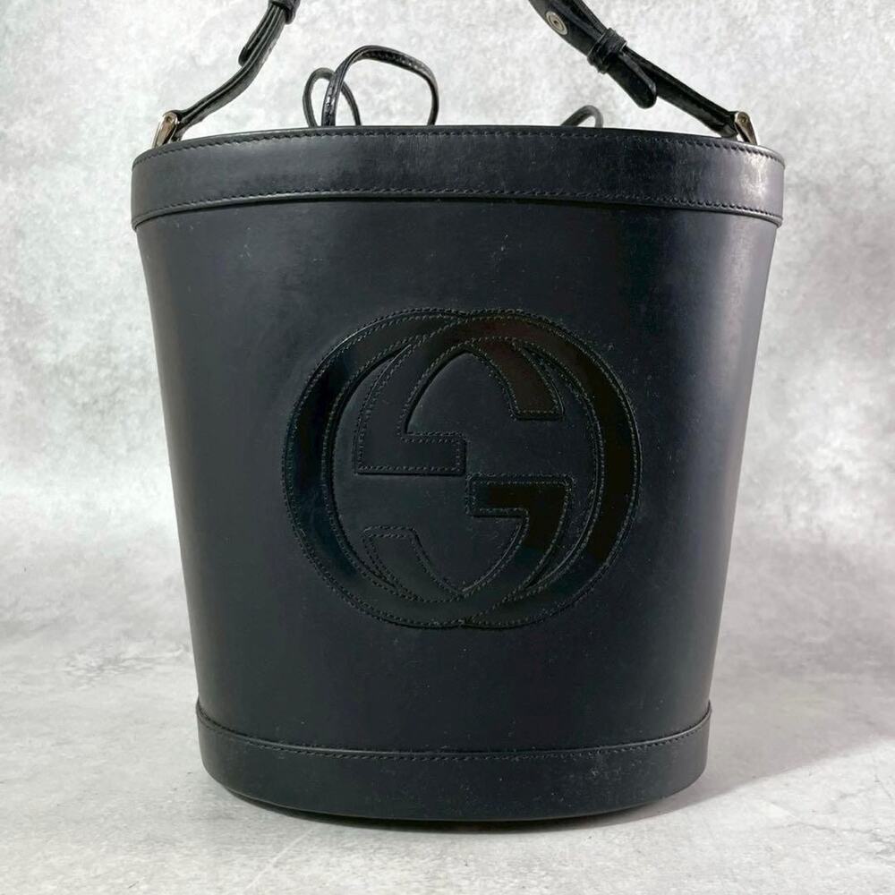 Vintage Gucci Black Leather Interlocking G Bucket Bag